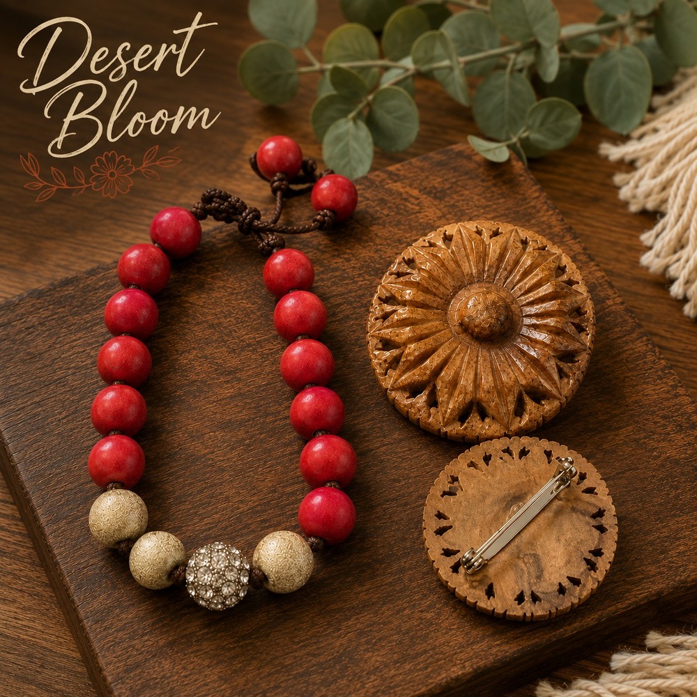Desert Bloom Boho Red Beaded Bracelet & Sunburst Brooch Set